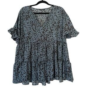 Bloomchic Animal Print Womens Blouse Size 10 Babydoll Vneck Ruffle Sleeve Tiered